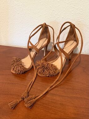 Gianni Bini Tan Suede Lace-Up Pom Pom Heels